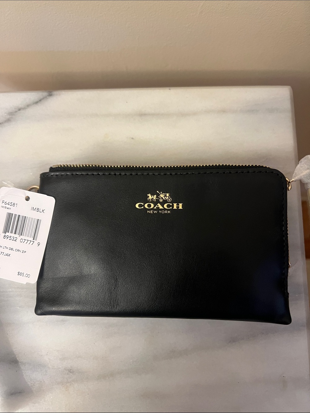 Coach Black Leather Wristlet with Gold Logo and Zip